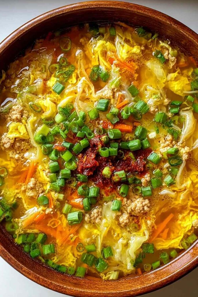 One pot egg roll soup with ground beef, cabbage, and green onions in a white bowl