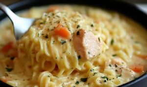 Crack Chicken Noodle Soup Bowl of crack chicken noodle soup with creamy cheesy broth, egg noodles, and fresh parsley garnish