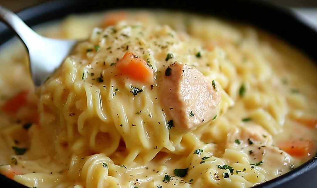 Bowl of crack chicken noodle soup with creamy cheesy broth, egg noodles, and fresh parsley garnish