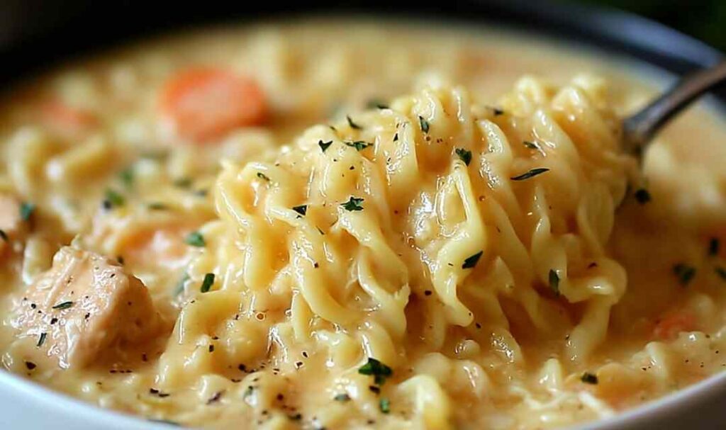 Bowl of crack chicken noodle soup with creamy cheesy broth, egg noodles, and fresh parsley garnish
