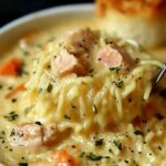 Bowl of crack chicken noodle soup with creamy cheesy broth, egg noodles, and fresh parsley garnish