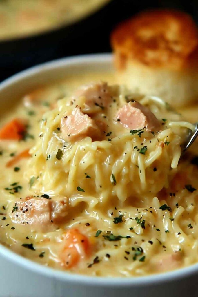 Bowl of crack chicken noodle soup with creamy cheesy broth, egg noodles, and fresh parsley garnish