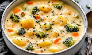 A bowl of the best broccoli potato cheese soup topped with freshly shredded cheddar cheese