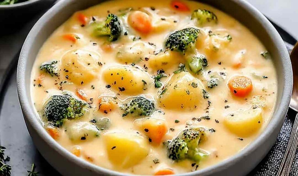 The Best Broccoli Potato Cheese Soup 5 A bowl of the best broccoli potato cheese soup topped with freshly shredded cheddar cheese