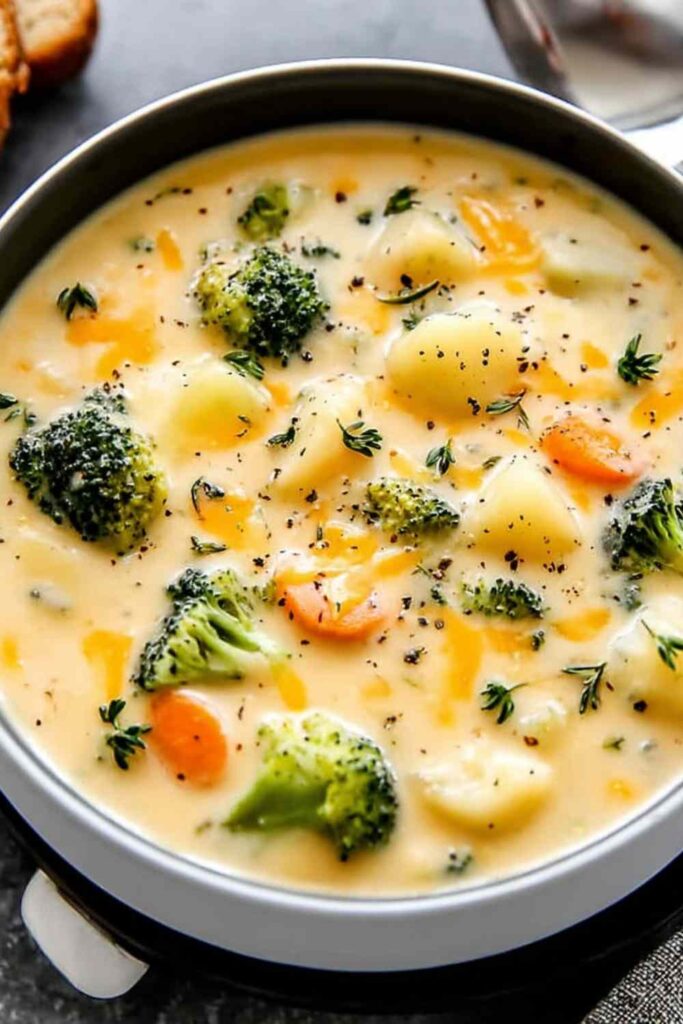 The Best Broccoli Potato Cheese Soup 6 A bowl of the best broccoli potato cheese soup topped with freshly shredded cheddar cheese
