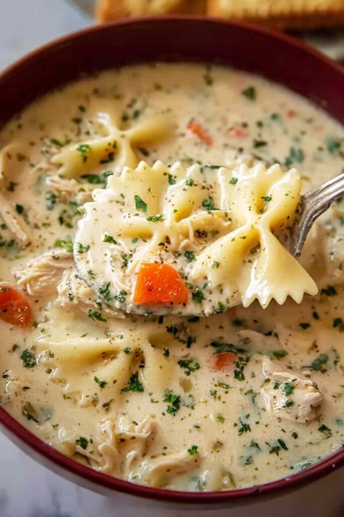 Creamy chicken alfredo soup in a white bowl topped with freshly grated Parmesan and chopped parsley