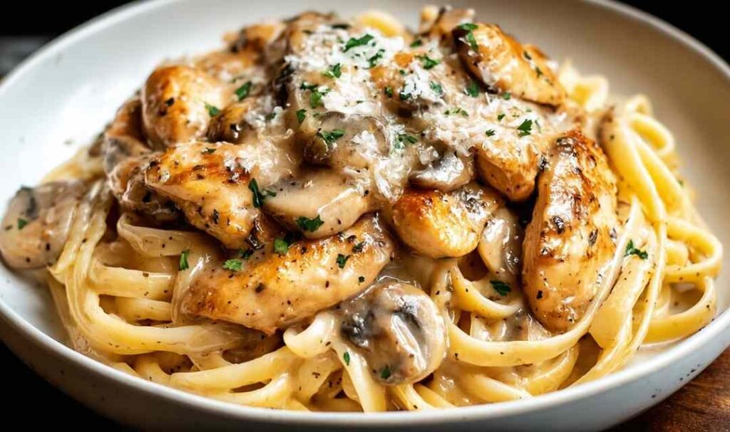 Chicken Marsala Pasta 5 Creamy Chicken Marsala Pasta with mushrooms and Parmesan in a large skillet
