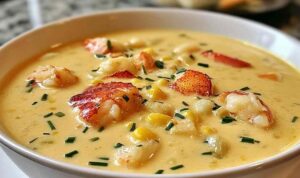 Creamy Lobster Chowder A bowl of creamy lobster chowder topped with fresh chives and tender chunks of lobster meat