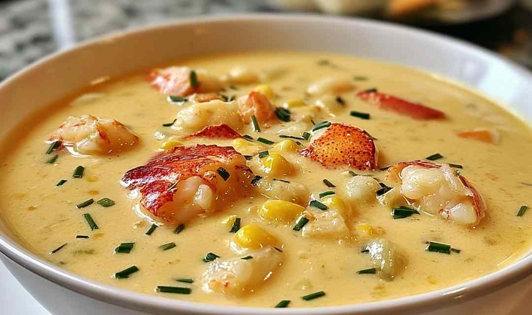 A bowl of creamy lobster chowder topped with fresh chives and tender chunks of lobster meat