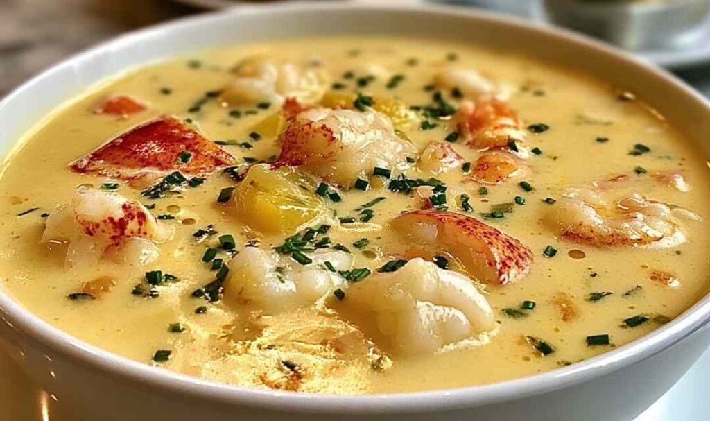 Creamy Lobster Chowder 5 A bowl of creamy lobster chowder topped with fresh chives and tender chunks of lobster meat