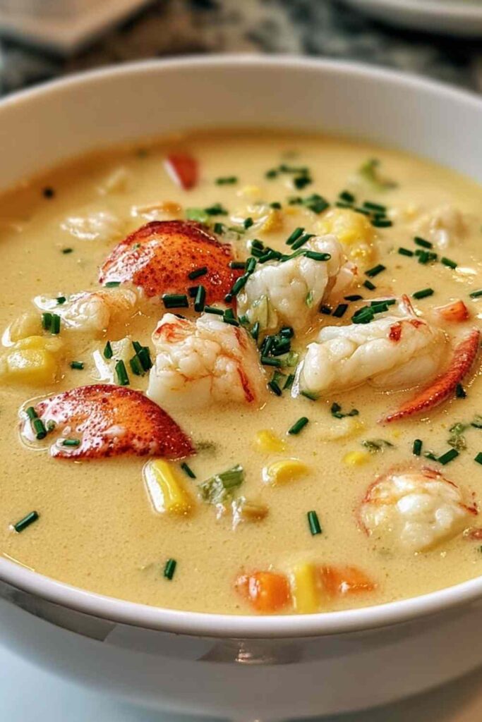 Creamy Lobster Chowder 6 A bowl of creamy lobster chowder topped with fresh chives and tender chunks of lobster meat
