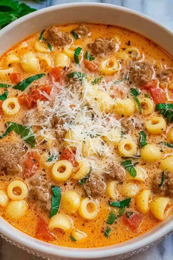 Bowl of creamy Parmesan Italian beef sausage soup with spinach and potatoes topped with fresh parsley and grated cheese