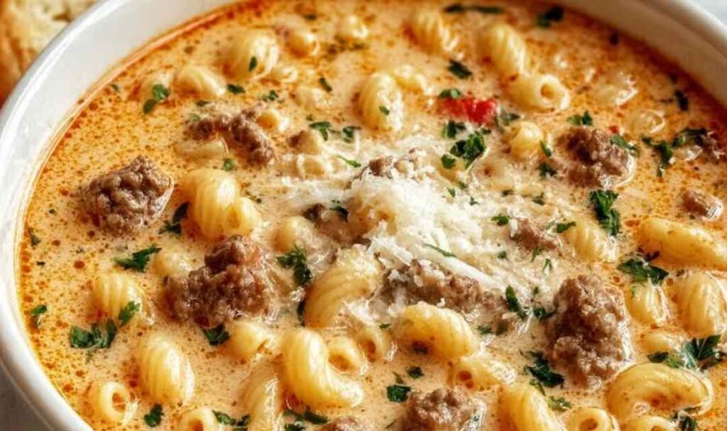 A bowl of creamy Parmesan sausage soup with Italian sausage, potatoes, and wilted spinach topped with shredded Parmesan cheese