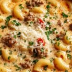 A bowl of creamy Parmesan sausage soup with Italian sausage, potatoes, and wilted spinach topped with shredded Parmesan cheese