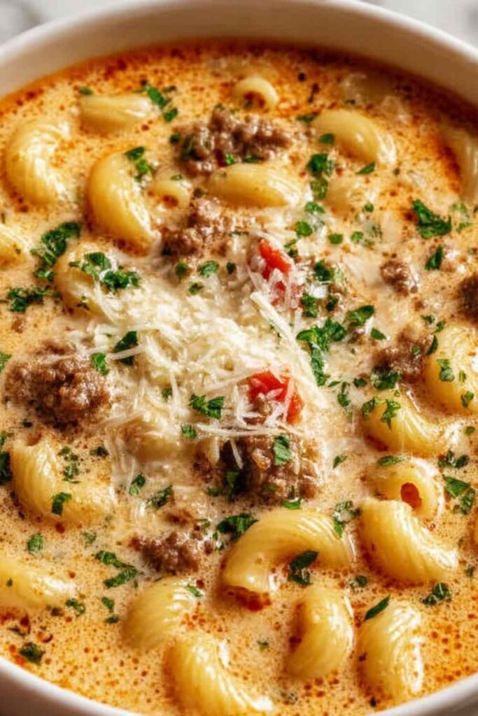 A bowl of creamy Parmesan sausage soup with Italian sausage, potatoes, and wilted spinach topped with shredded Parmesan cheese