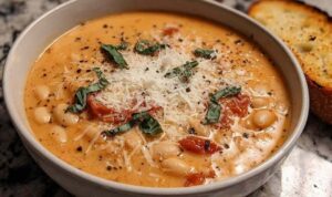 A bowl of creamy Parmesan tomato bean soup topped with fresh basil and grated Parmesan cheese
