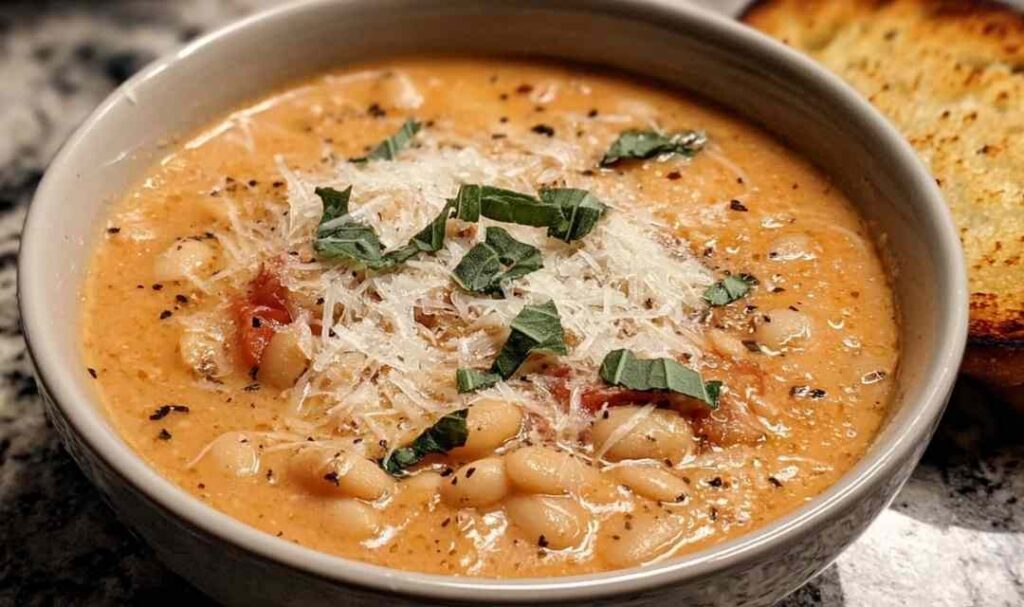 A bowl of creamy Parmesan tomato bean soup topped with fresh basil and grated Parmesan cheese