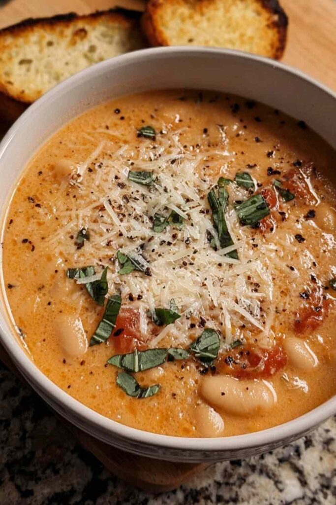 A bowl of creamy Parmesan tomato bean soup topped with fresh basil and grated Parmesan cheese