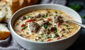Creamy Philly cheese steak soup in a white bowl with provolone and fresh parsley on top