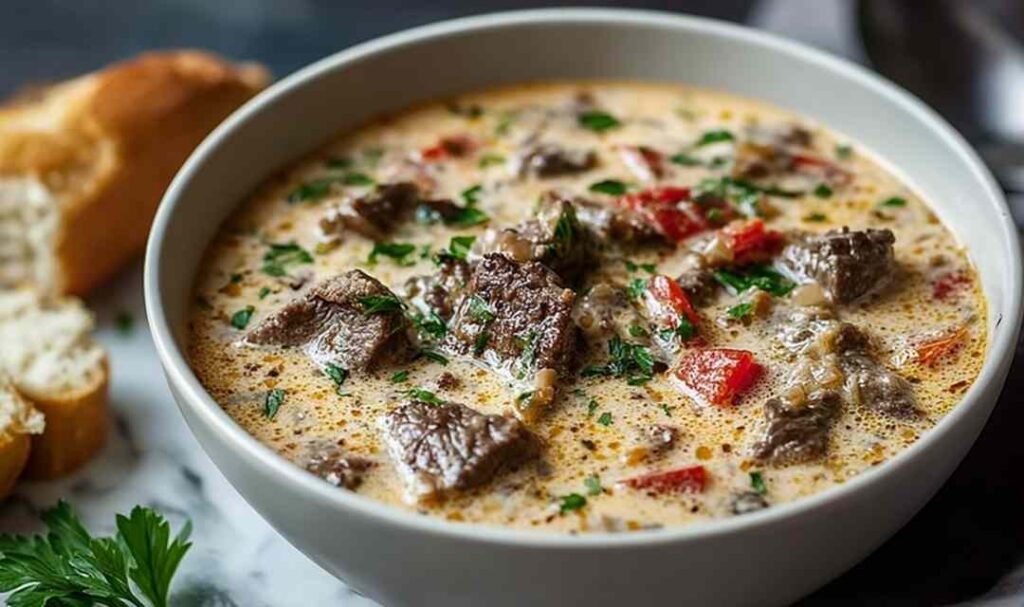 Creamy Philly cheese steak soup in a white bowl with provolone and fresh parsley on top