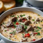 Creamy Philly cheese steak soup in a white bowl with provolone and fresh parsley on top