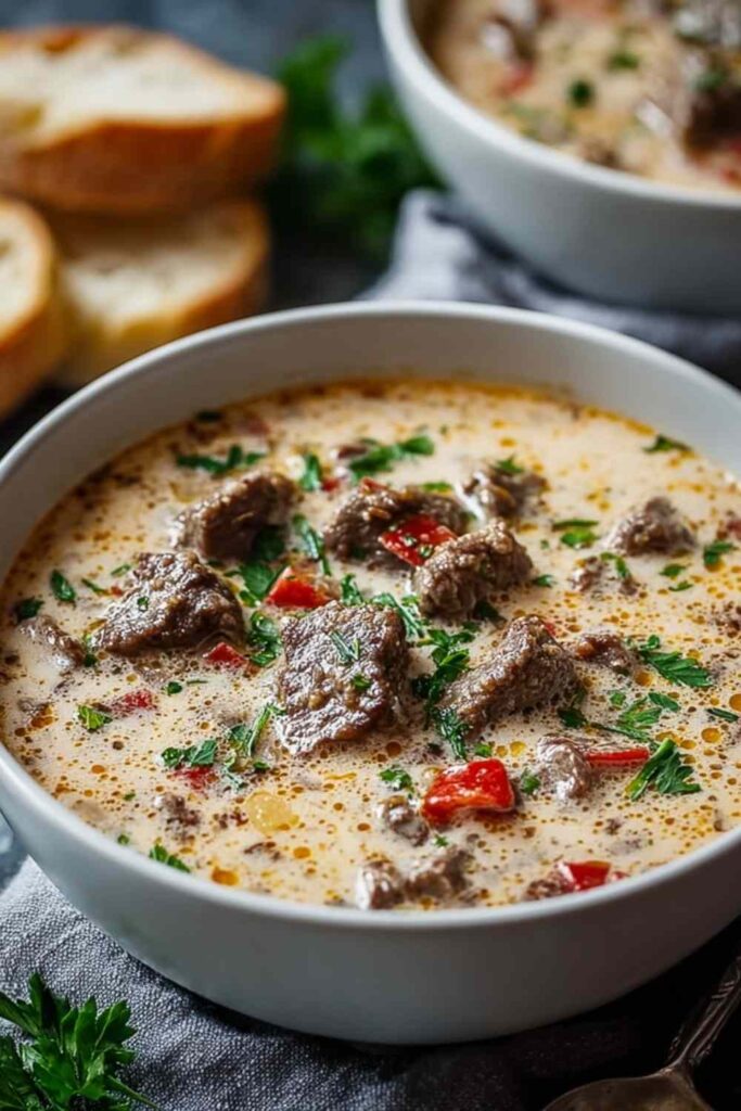 Creamy Philly cheese steak soup in a white bowl with provolone and fresh parsley on top