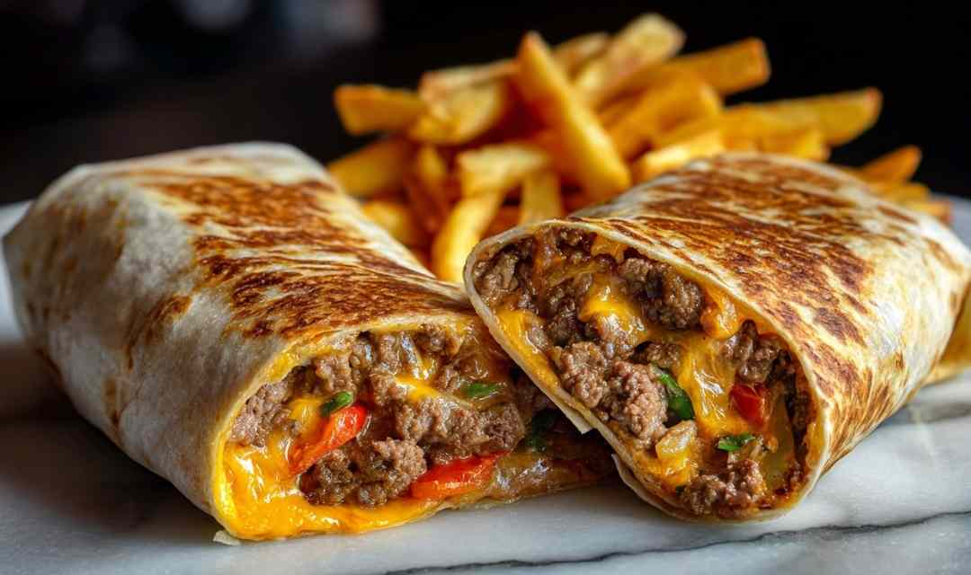 Creamy Philly cheesesteak wrap cut in half on a wooden cutting board showing tender beef, sauteed peppers, and provolone cream cheese sauce inside a toasted flour tortilla