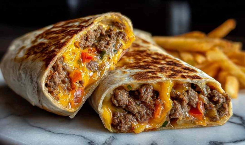 Creamy Philly cheesesteak wrap cut in half on a wooden cutting board showing tender beef, sauteed peppers, and provolone cream cheese sauce inside a toasted flour tortilla