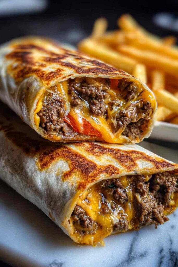 Creamy Philly cheesesteak wrap cut in half on a wooden cutting board showing tender beef, sauteed peppers, and provolone cream cheese sauce inside a toasted flour tortilla