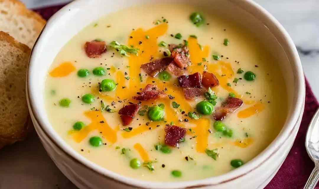 Bowl of creamy potato soup topped with cheddar cheese, bacon bits, and fresh chives