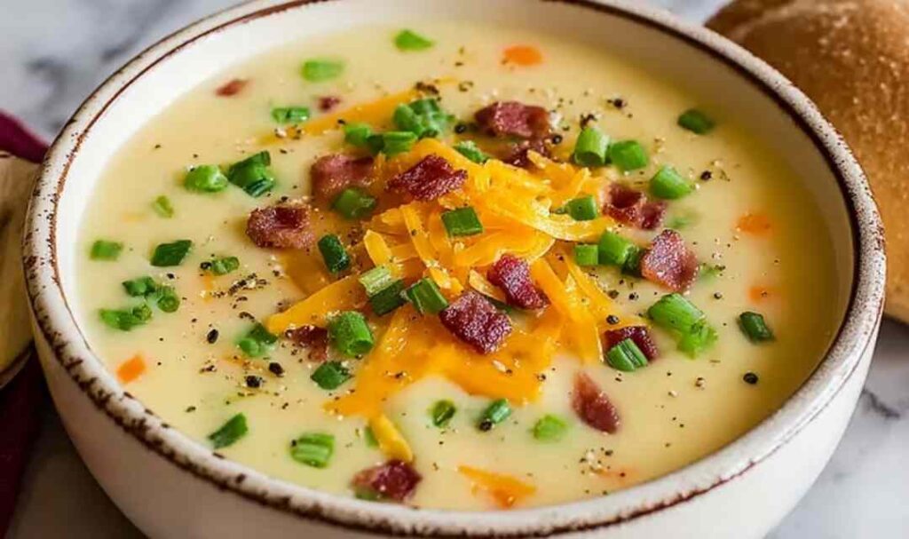 Creamy Potato Soup 5 Bowl of creamy potato soup topped with cheddar cheese, bacon bits, and fresh chives