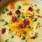 Bowl of creamy potato soup topped with cheddar cheese, bacon bits, and fresh chives