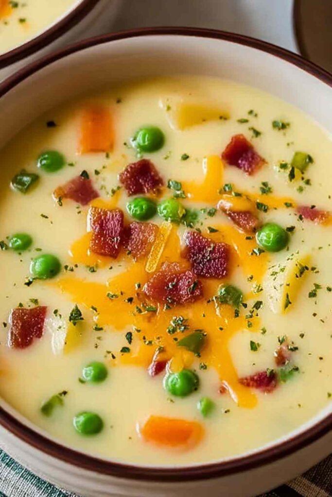 Creamy Potato Soup 6 Bowl of creamy potato soup topped with cheddar cheese, bacon bits, and fresh chives