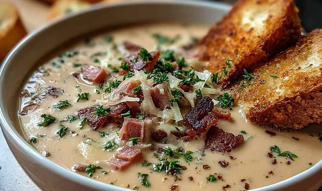 Bowl of creamy Reuben soup topped with rye croutons and shredded Swiss cheese