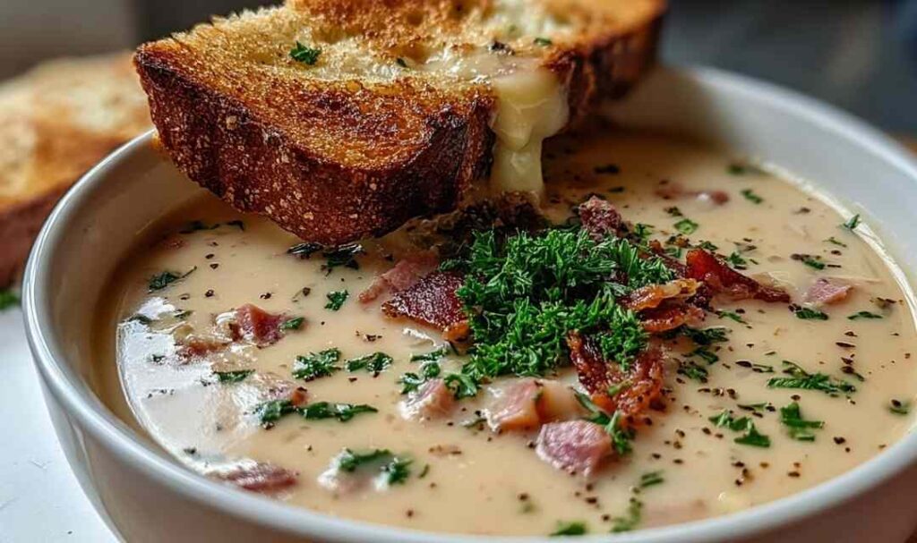 Bowl of creamy Reuben soup topped with rye croutons and shredded Swiss cheese