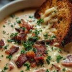 Bowl of creamy Reuben soup topped with rye croutons and shredded Swiss cheese