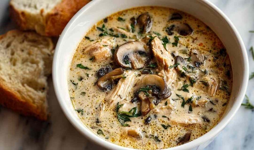 Creamy rotisserie chicken mushroom soup in a white bowl garnished with fresh parsley