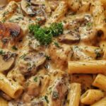 Creamy Tuscan mushroom pasta skillet with spinach and sun-dried tomatoes in a large pan