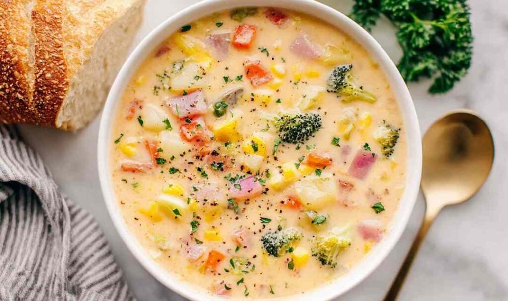 Bowl of creamy vegetable soup garnished with fresh parsley
