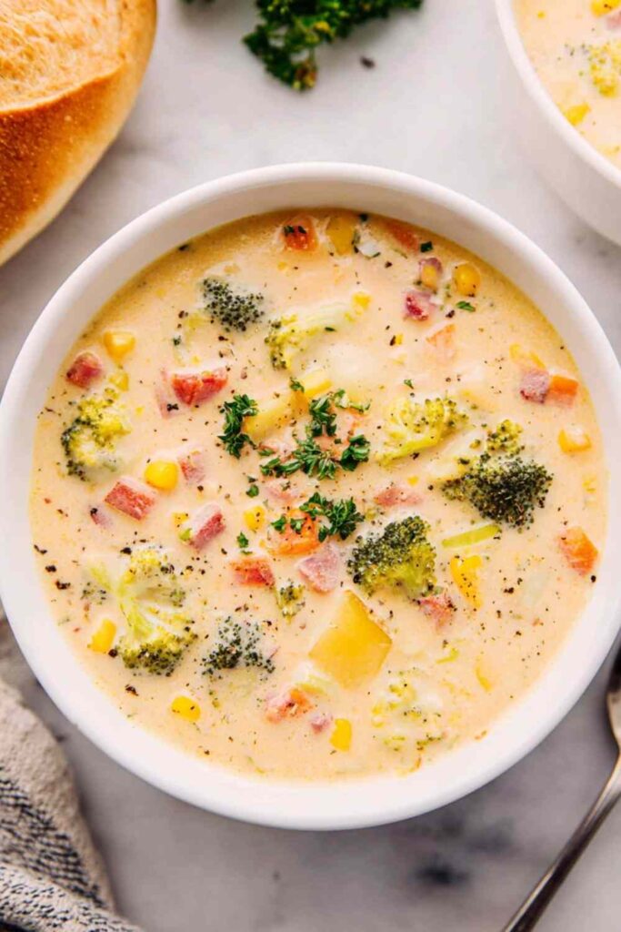 Bowl of creamy vegetable soup garnished with fresh parsley