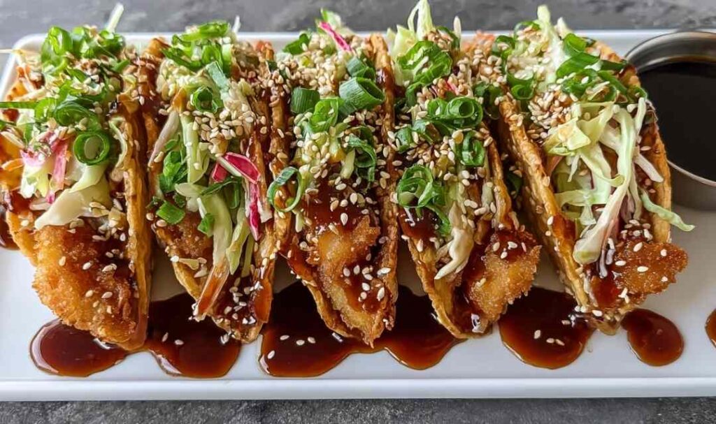 Crispy chicken wonton tacos with teriyaki glaze topped with shredded cabbage, carrot matchsticks, and sesame seeds on a white plate