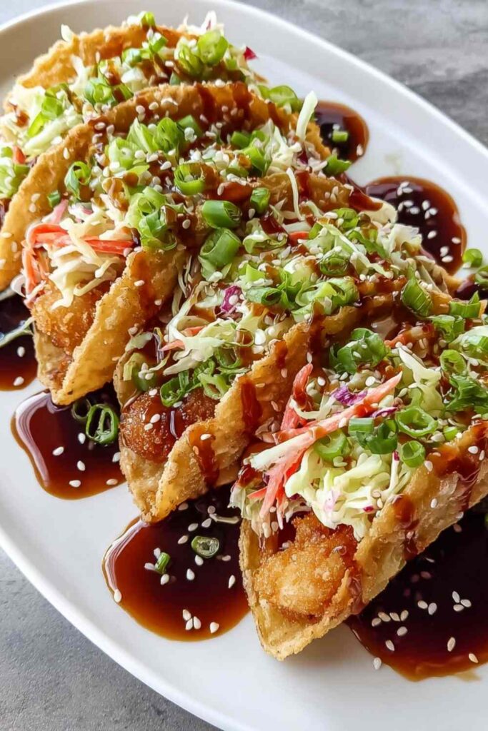 Crispy chicken wonton tacos with teriyaki glaze topped with shredded cabbage, carrot matchsticks, and sesame seeds on a white plate