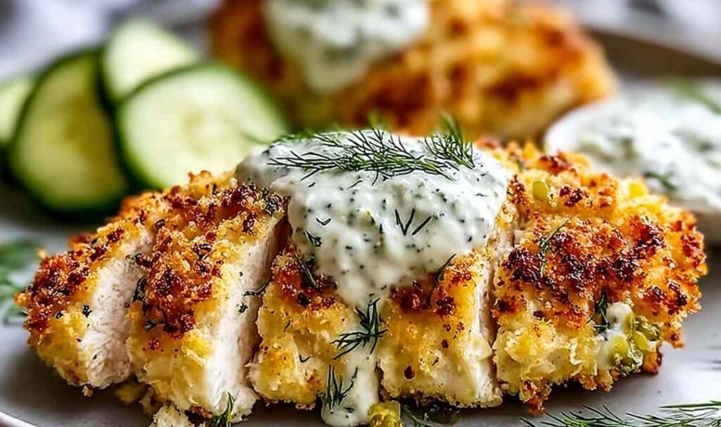 Crispy Dill Pickle Parmesan Chicken in a skillet with golden panko crust and fresh dill garnish