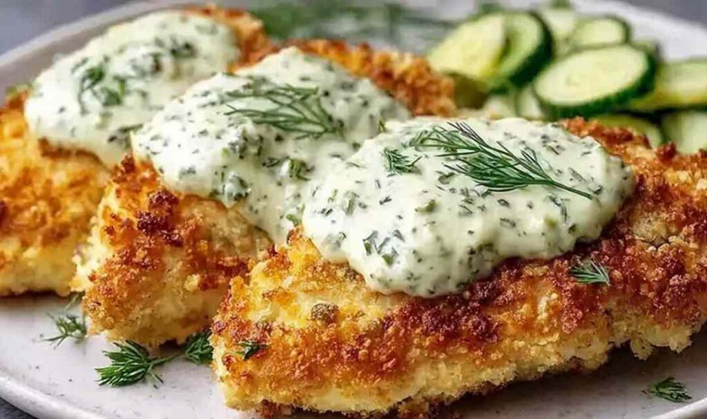 Crispy dill pickle Parmesan chicken on a wire rack with golden panko crust and fresh dill garnish
