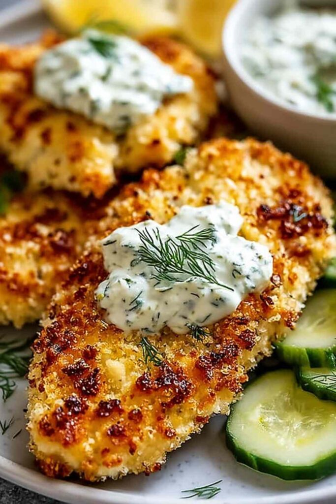 Crispy Dill Pickle Parmesan Chicken in a skillet with golden panko crust and fresh dill garnish