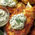 Crispy dill pickle Parmesan chicken on a wire rack with golden panko crust and fresh dill garnish