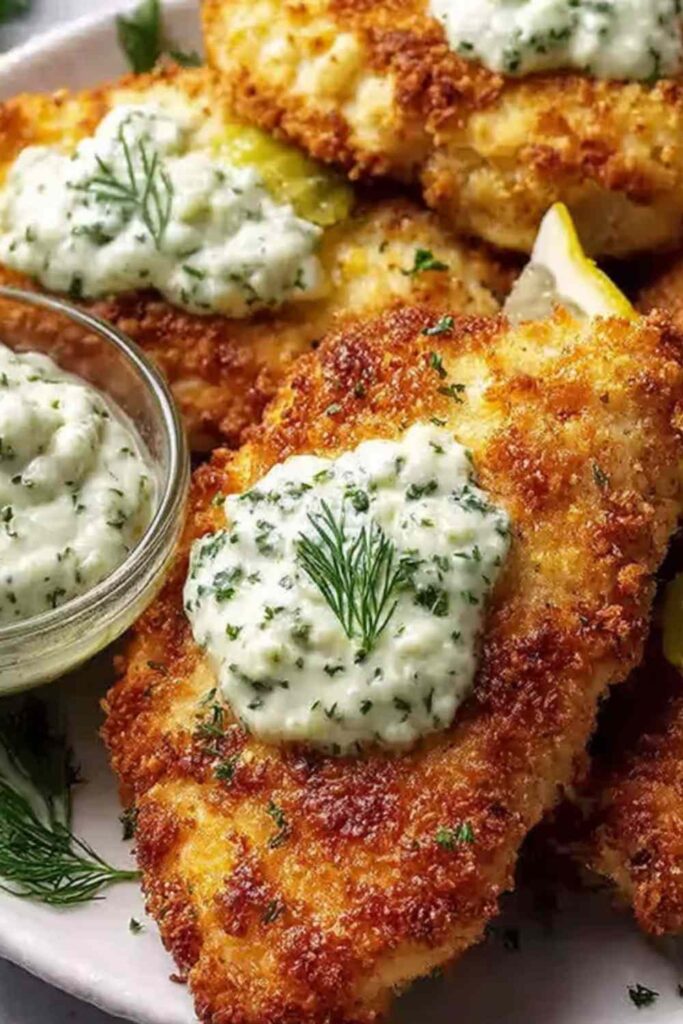 Crispy dill pickle Parmesan chicken on a wire rack with golden panko crust and fresh dill garnish