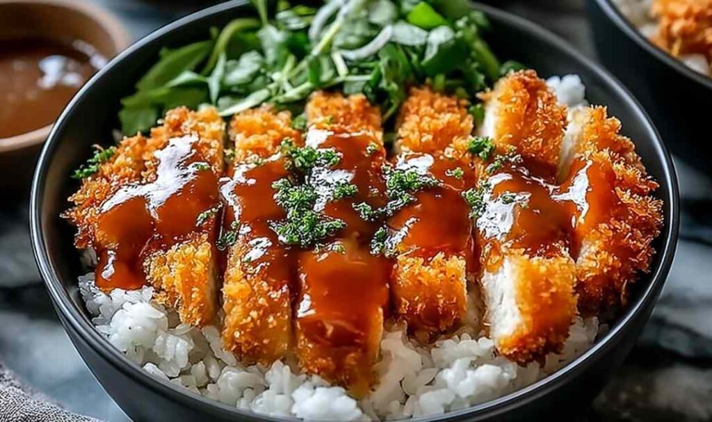 Japanese Katsu Bowls with Tonkatsu Sauce 5 Japanese Katsu Bowls with tonkatsu sauce drizzled over crispy panko beef cutlets and short-grain rice