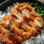 Japanese Katsu Bowls with tonkatsu sauce drizzled over crispy panko beef cutlets and short-grain rice
