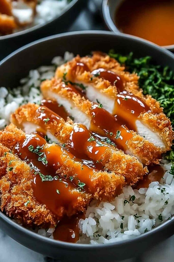 Japanese Katsu Bowls with Tonkatsu Sauce 6 Japanese Katsu Bowls with tonkatsu sauce drizzled over crispy panko beef cutlets and short-grain rice
